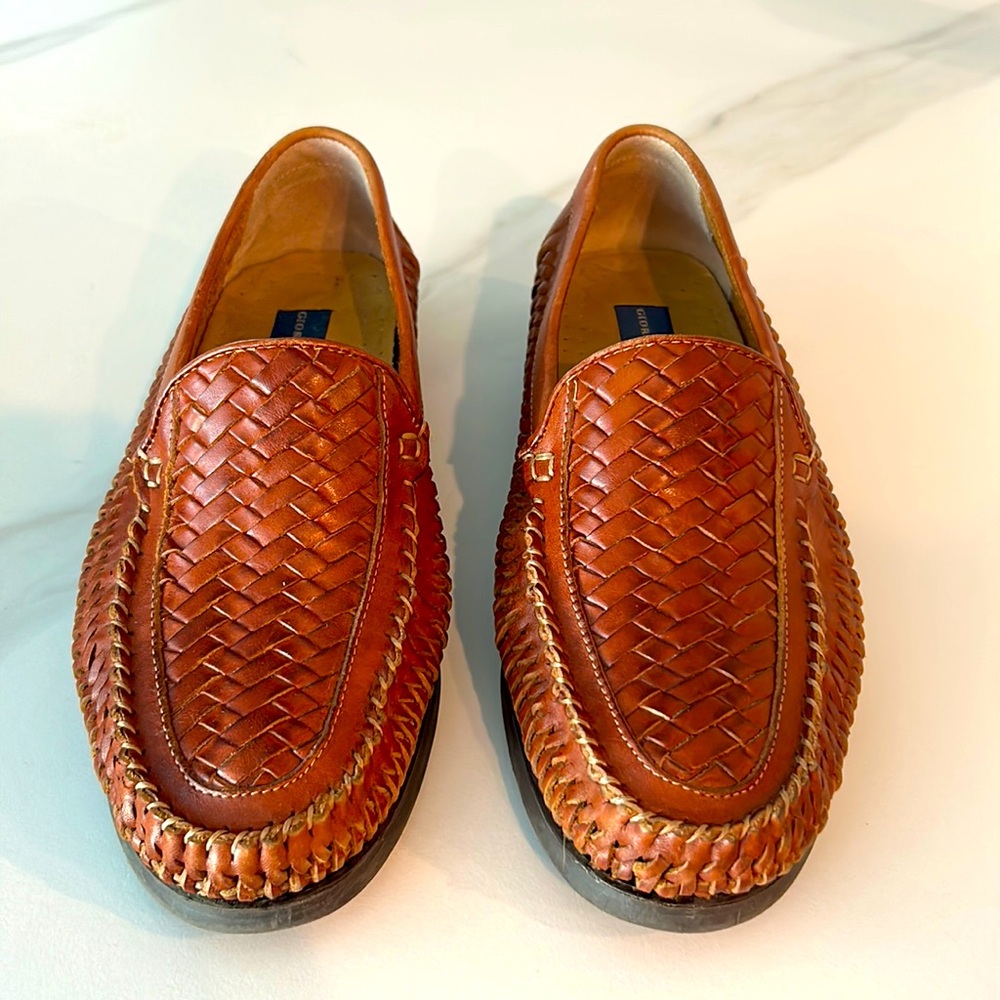 Giorgio Brutini Palm Genuine Woven Leather Loafers Cognac Slip On Driver